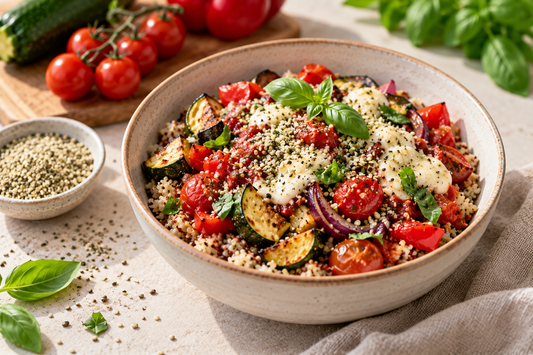 Glutenfreie Pizza-Bowl mit mediterranem Gemüse und Hanfsamen